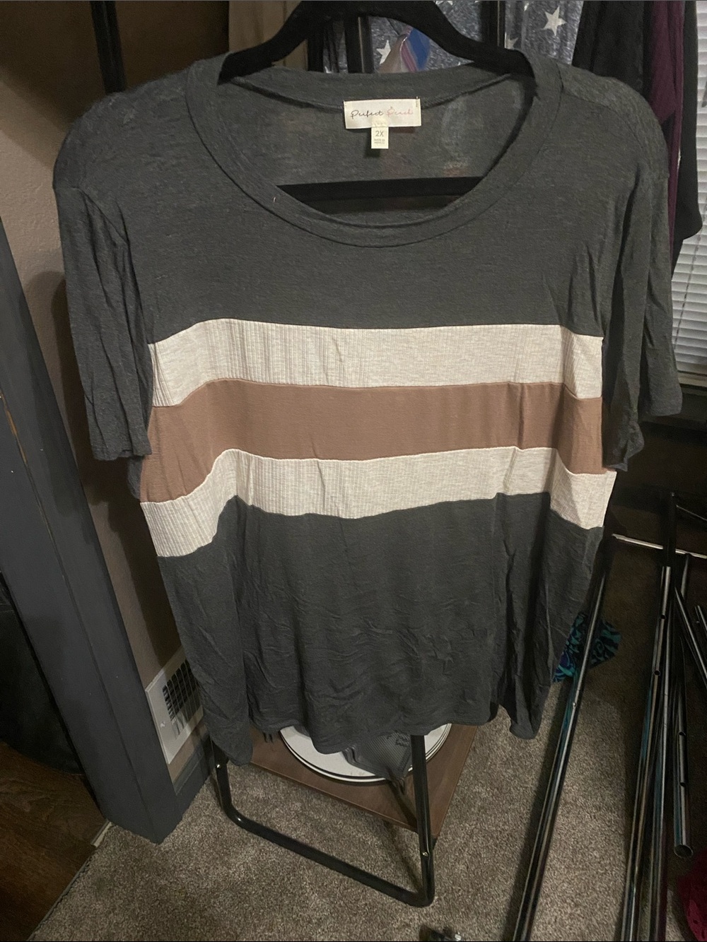 Pullover Crewneck Striped Tee - Charcoal, Cream & Brown